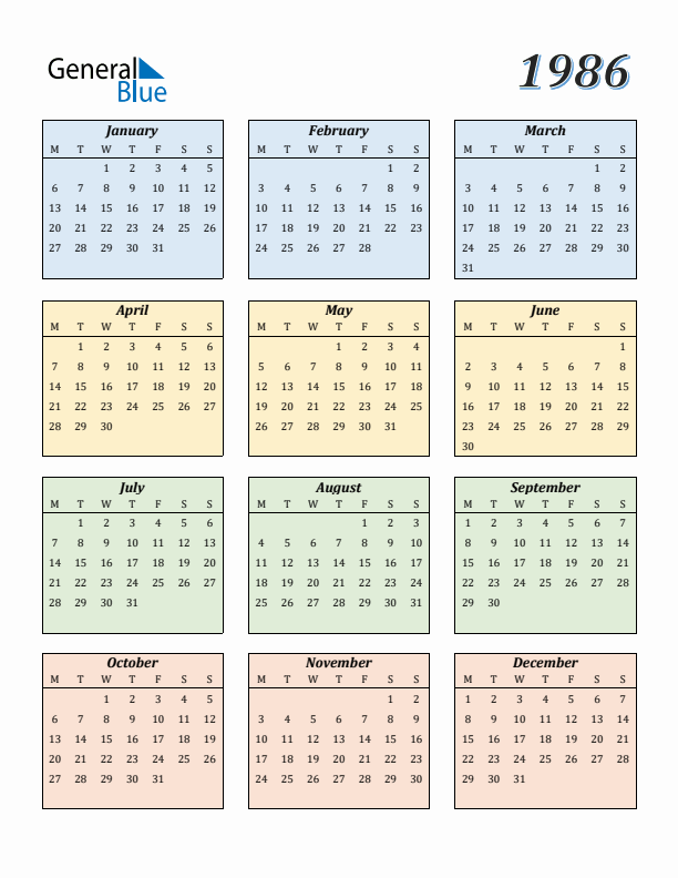 Calendar for 1986 (Monday Start)