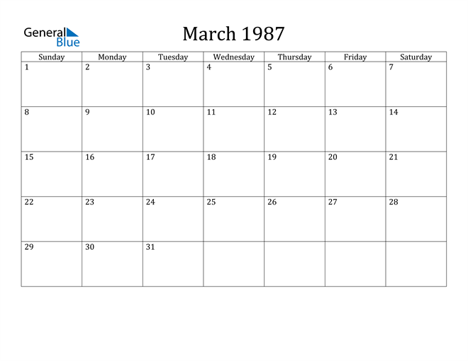 March 1987 Calendar (PDF Word Excel)