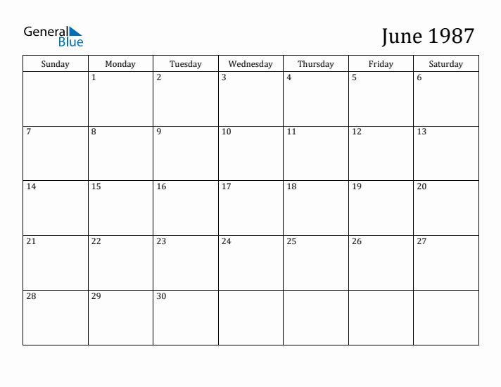 June 1987 Calendars (PDF Word Excel)