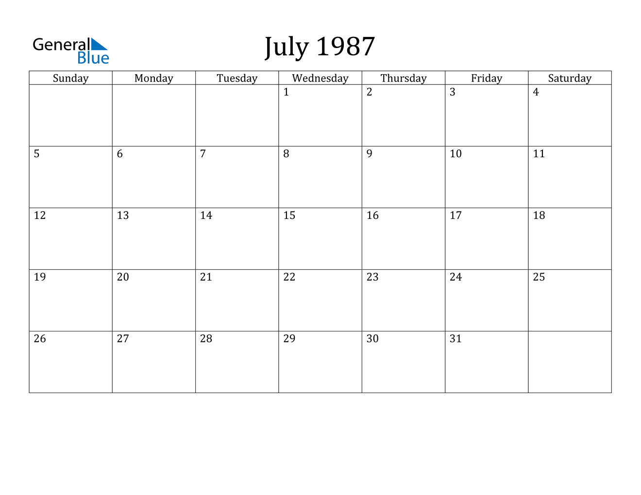 July 1987 Calendar PDF Word Excel