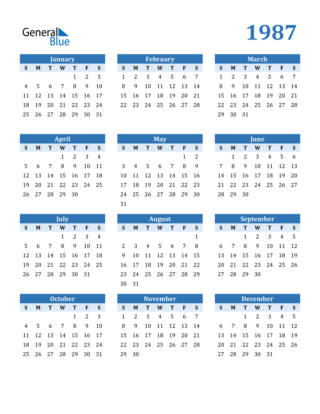1987 Calendar (PDF, Word, Excel)
