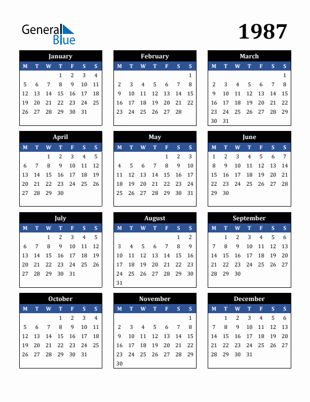 1987 Yearly Calendar Templates with Monday Start