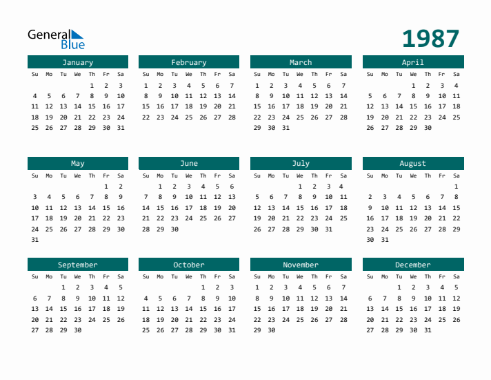 Free 1987 Calendars in PDF Word Excel