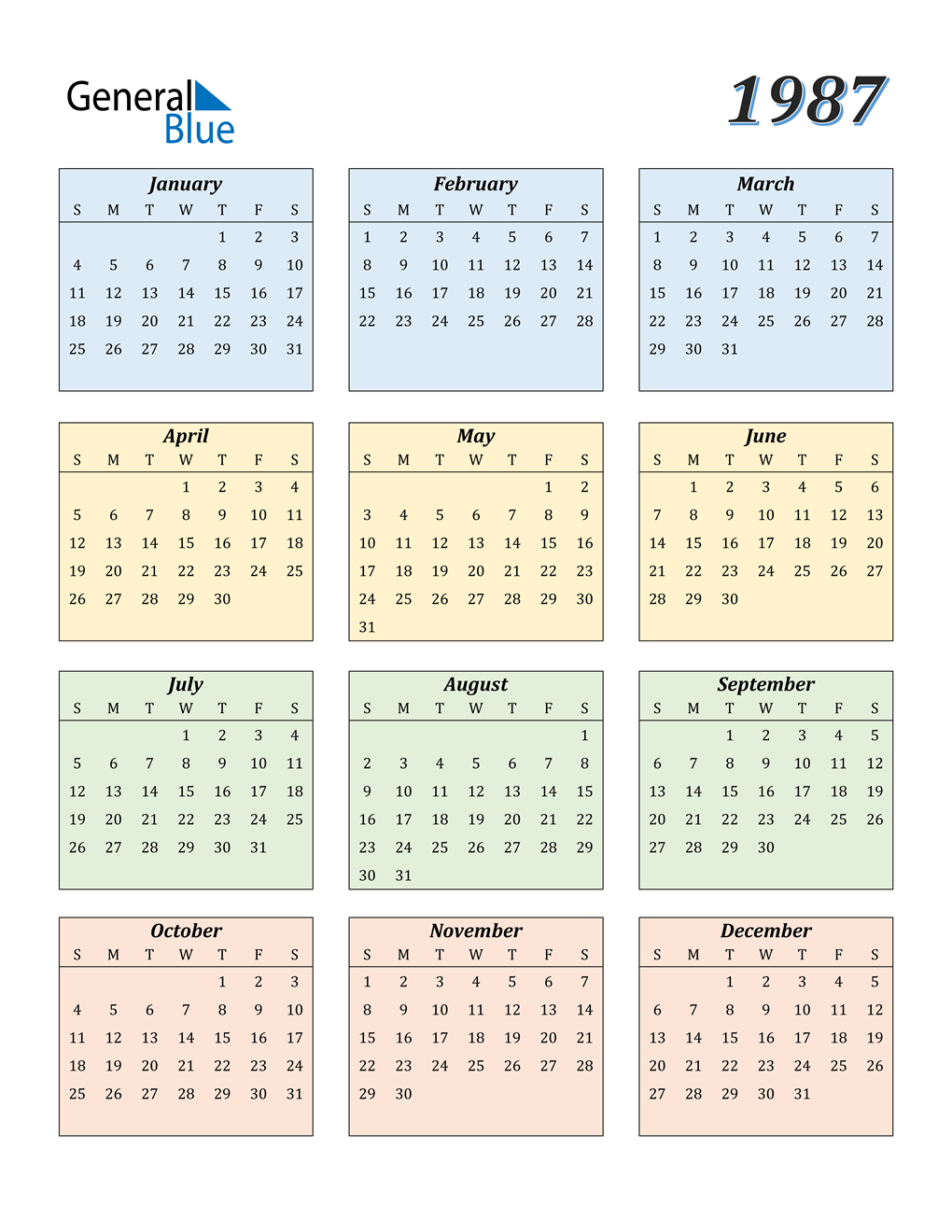 1987 Calendar (PDF, Word, Excel)