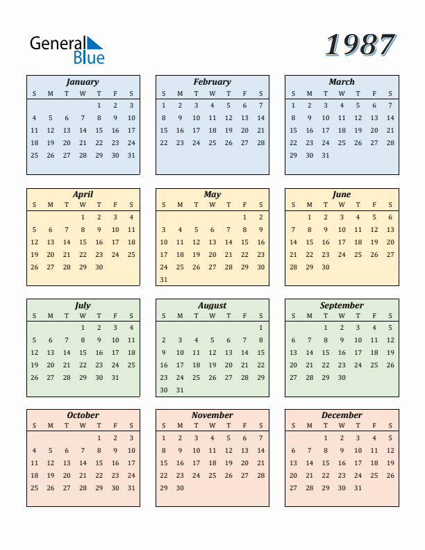 Calendar for 1987 (Sunday Start)