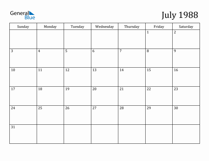 July 1988 Calendars (PDF Word Excel)