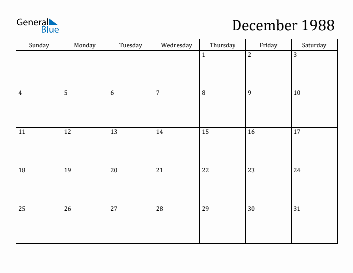 December 1988 Calendar (PDF Word Excel)