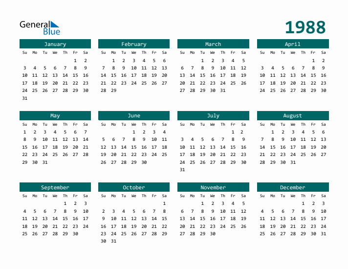 Free 1988 Calendars in PDF Word Excel