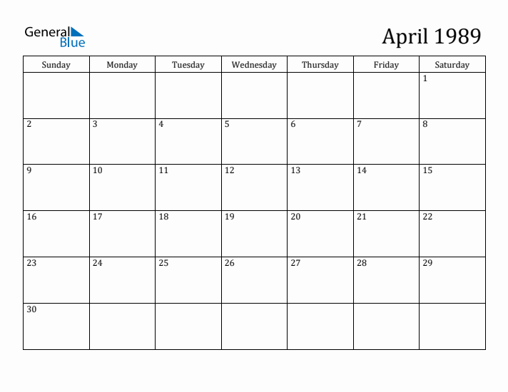 April 1989 Monthly Calendar (PDF Word Excel)