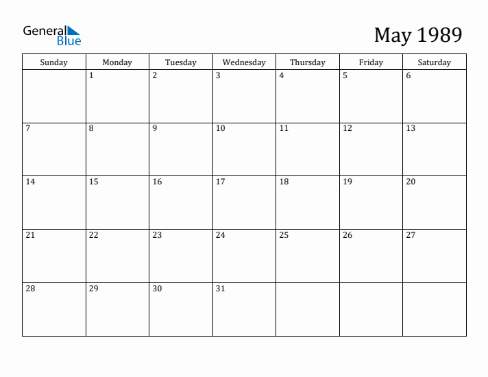 May 1989 Monthly Calendar (PDF Word Excel)