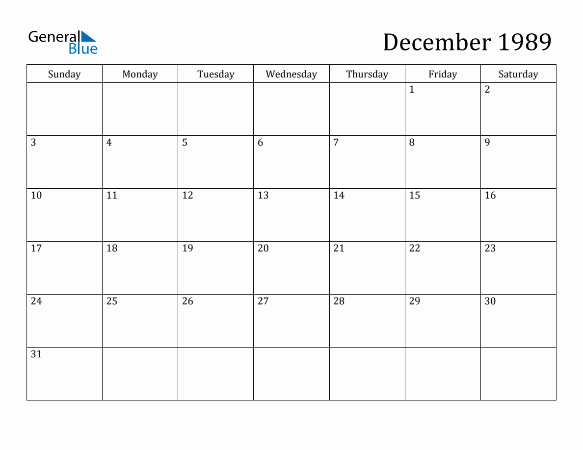 December 1989 Monthly Calendar