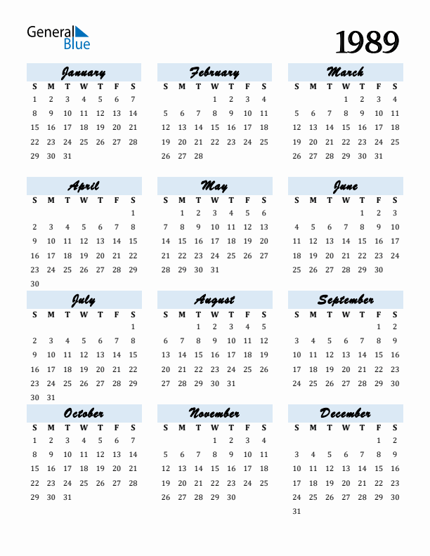 Calendar 1989 Free Download and Print