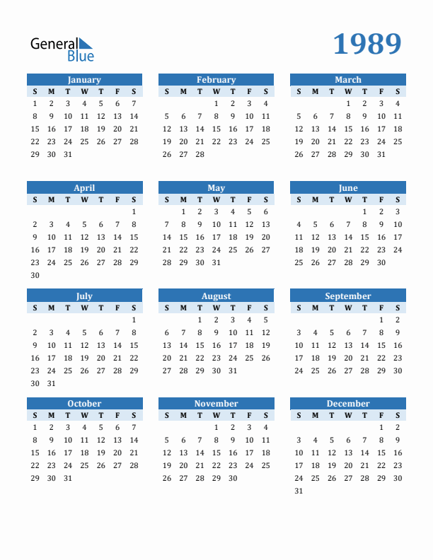Free 1989 Calendars in PDF Word Excel