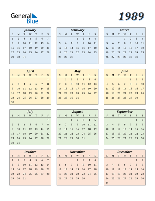 1989 Calendar (PDF, Word, Excel)