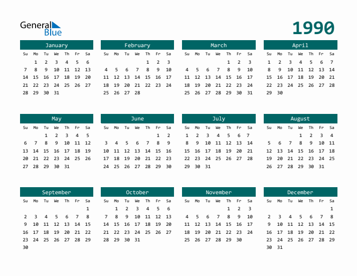 Free 1990 Calendars in PDF Word Excel