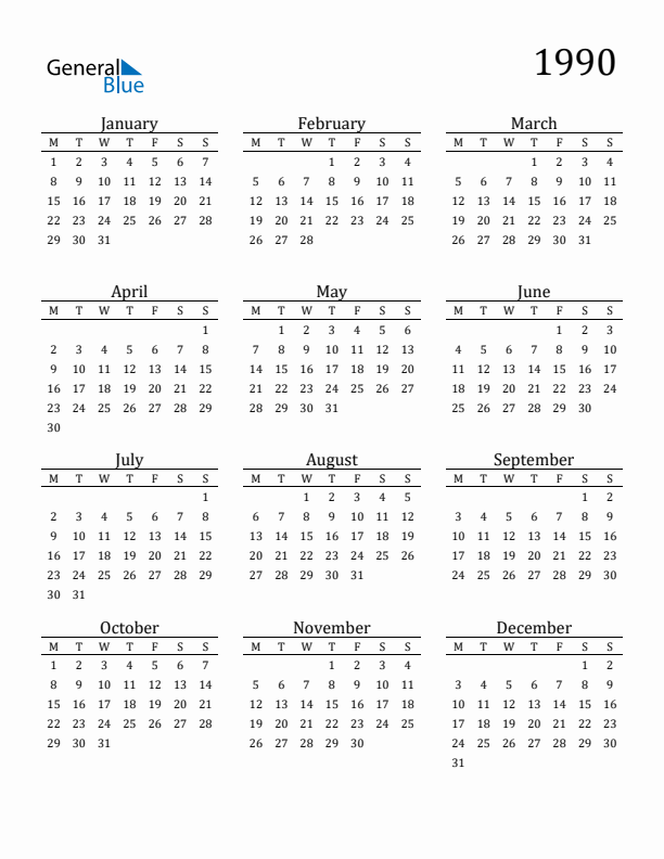 1990 Yearly Calendar Templates with Monday Start