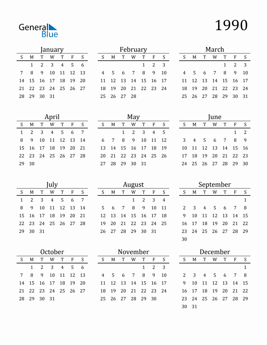 Year 1990 Free Printable 12 Month Calendar