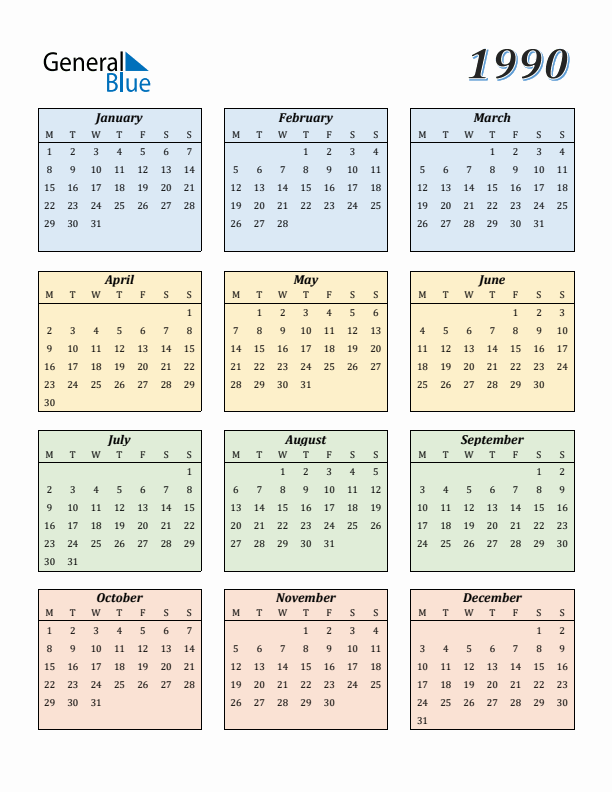 Calendar for 1990 (Monday Start)