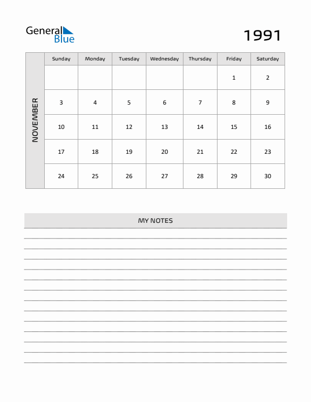 November 1991 Monthly Calendar (PDF Word Excel)