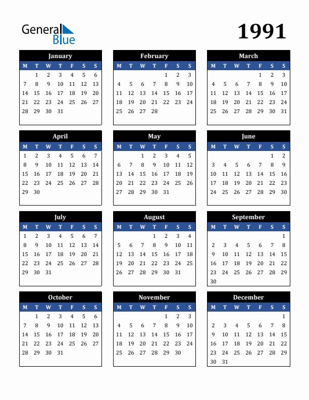 1991 Yearly Calendar Templates with Monday Start