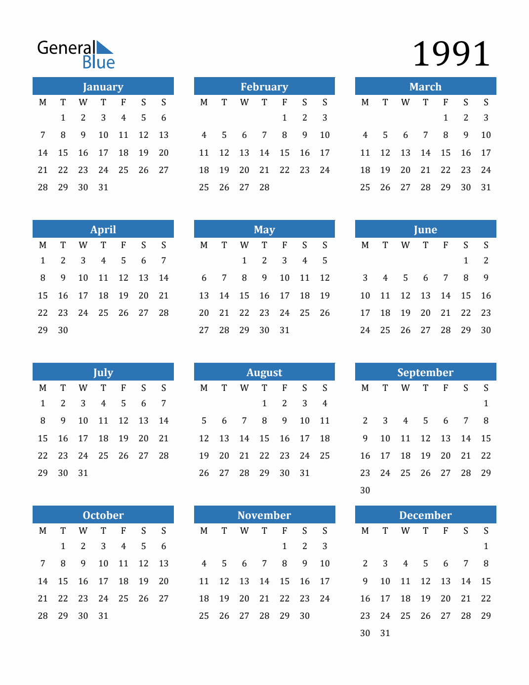 1991 Calendar with Monday Start
