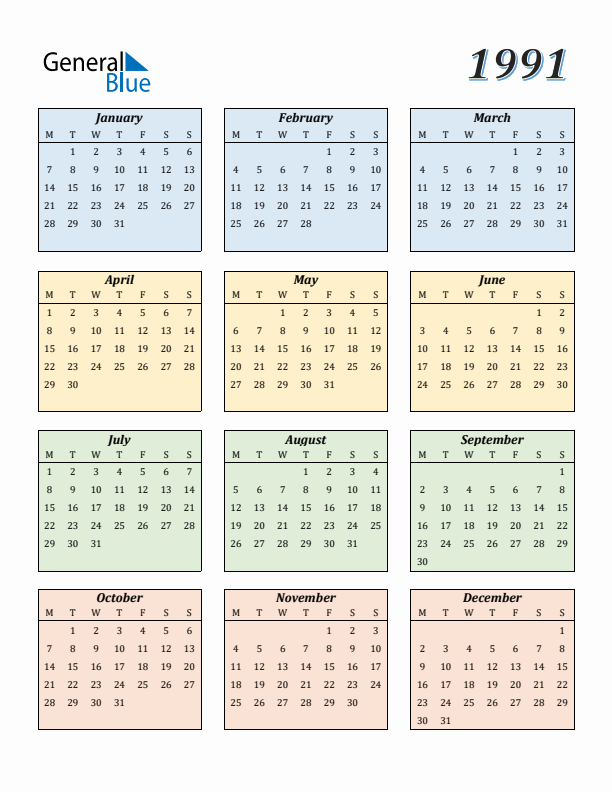 Calendar for 1991 (Monday Start)