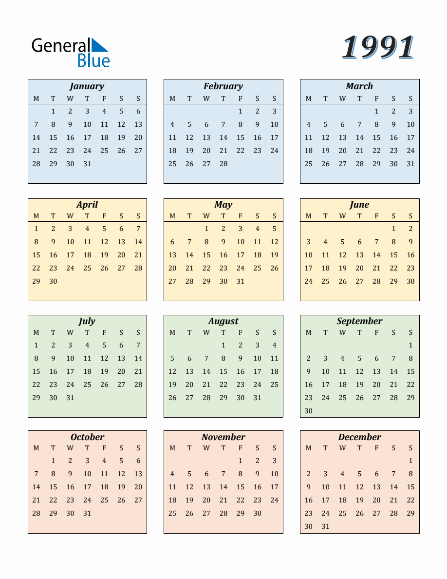 Calendar for Year 1991