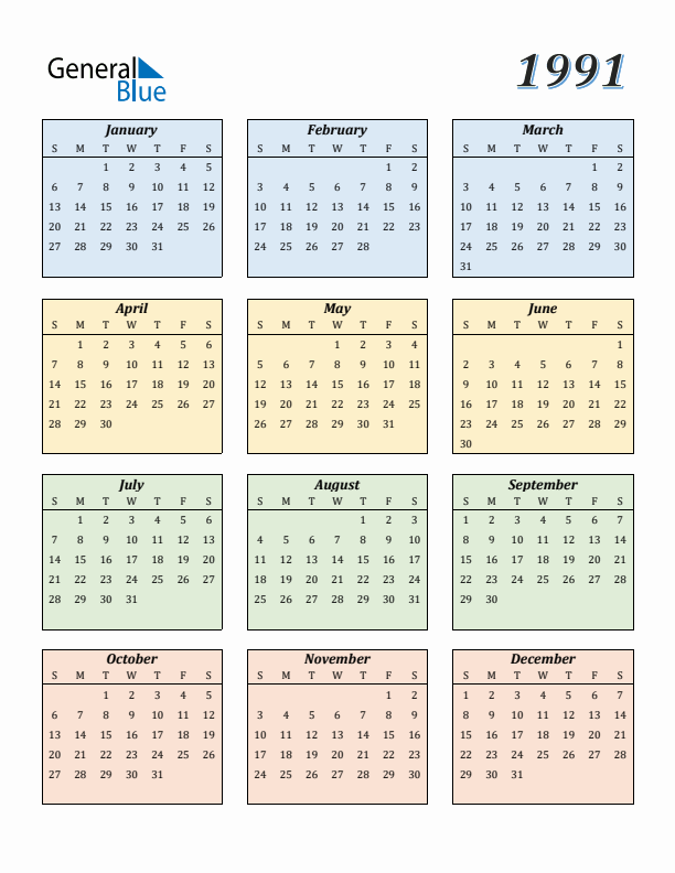 Calendar for 1991 (Sunday Start)