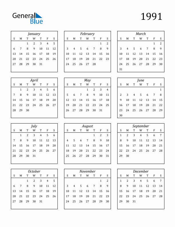 Free 1991 Calendars in PDF Word Excel