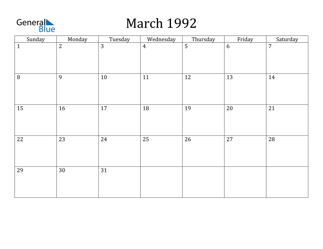 March 1992 Calendar PDF Word Excel