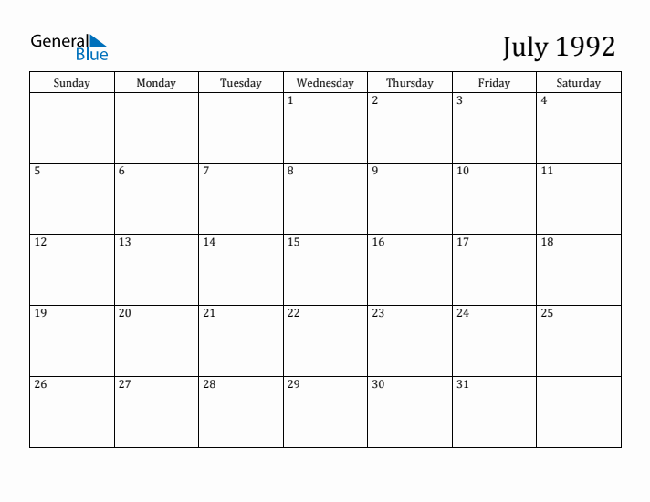 July 1992 Monthly Calendar (PDF Word Excel)
