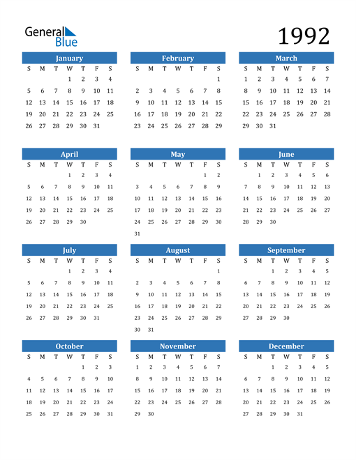 1992 Calendar (PDF, Word, Excel)
