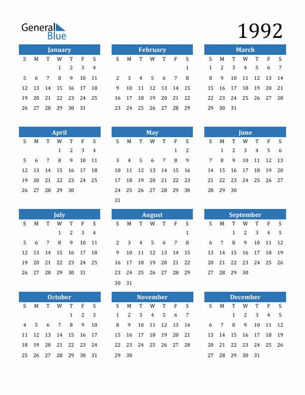 Free 1992 Calendars in PDF Word Excel