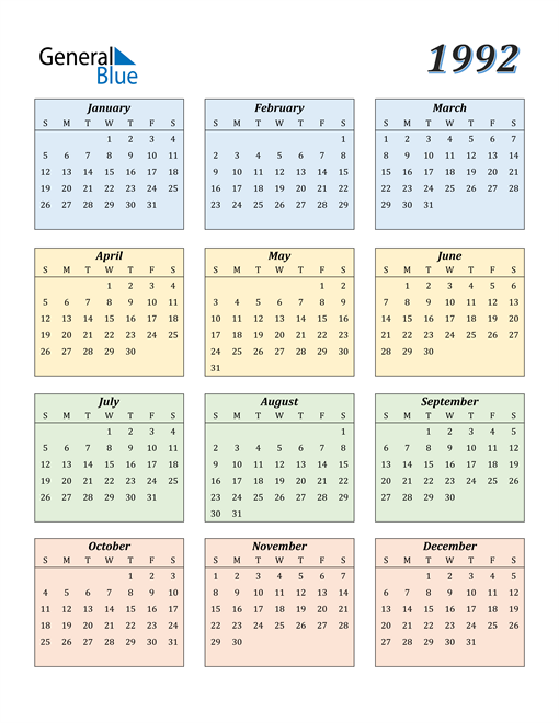 1992 Calendar (PDF, Word, Excel)