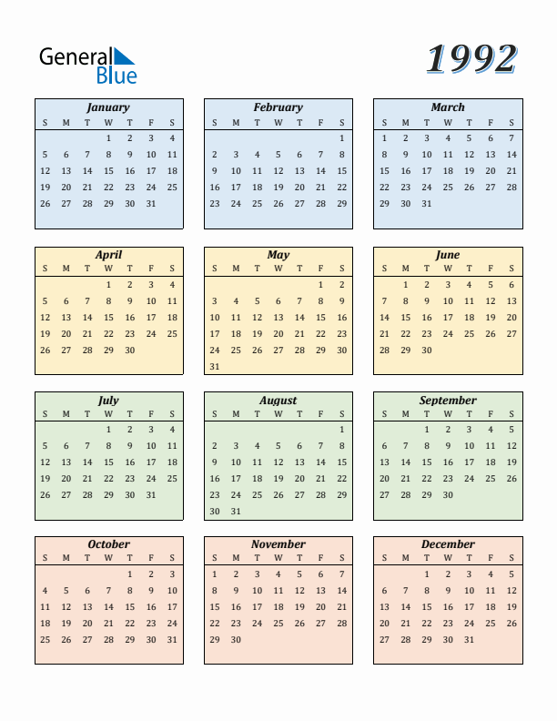 Calendar for 1992 (Sunday Start)
