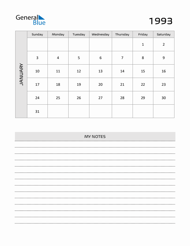 January 1993 Monthly Calendar (PDF Word Excel)