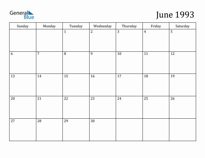 June 1993 Monthly Calendar (PDF Word Excel)