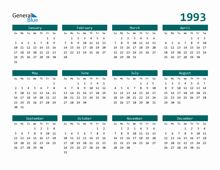Free 1993 Calendars in PDF Word Excel