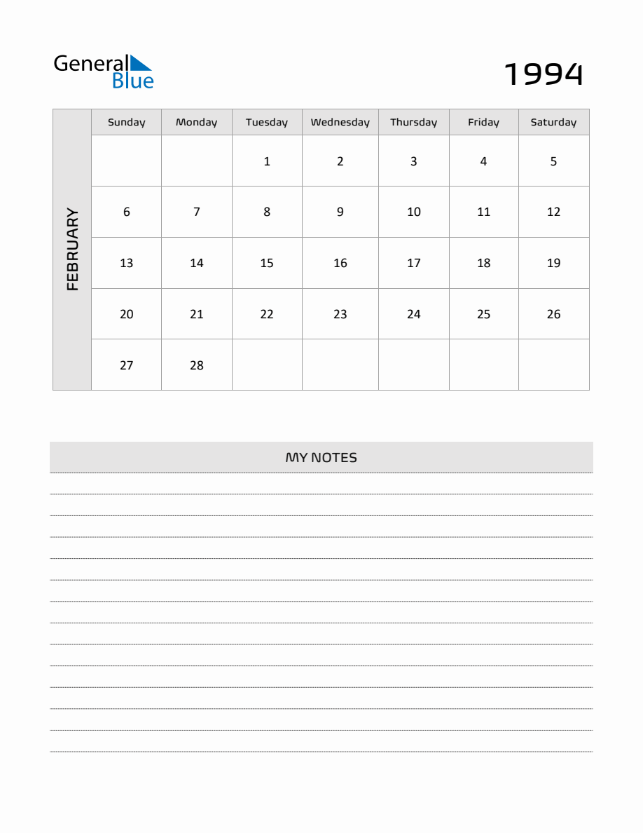 February 1994 Printable Monthly Calendar with Notes