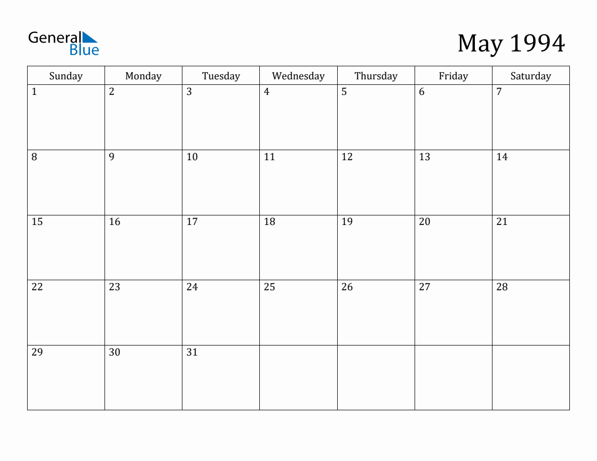 May 1994 Monthly Calendar