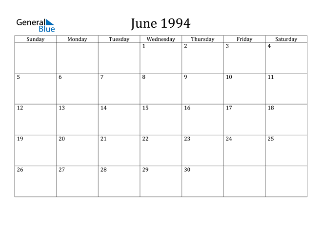 June 1994 Calendar Pdf Word Excel