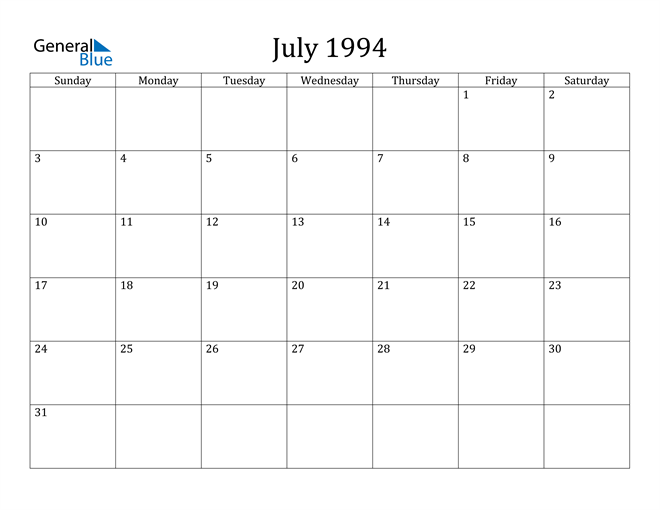 July 1994 Calendar Pdf Word Excel