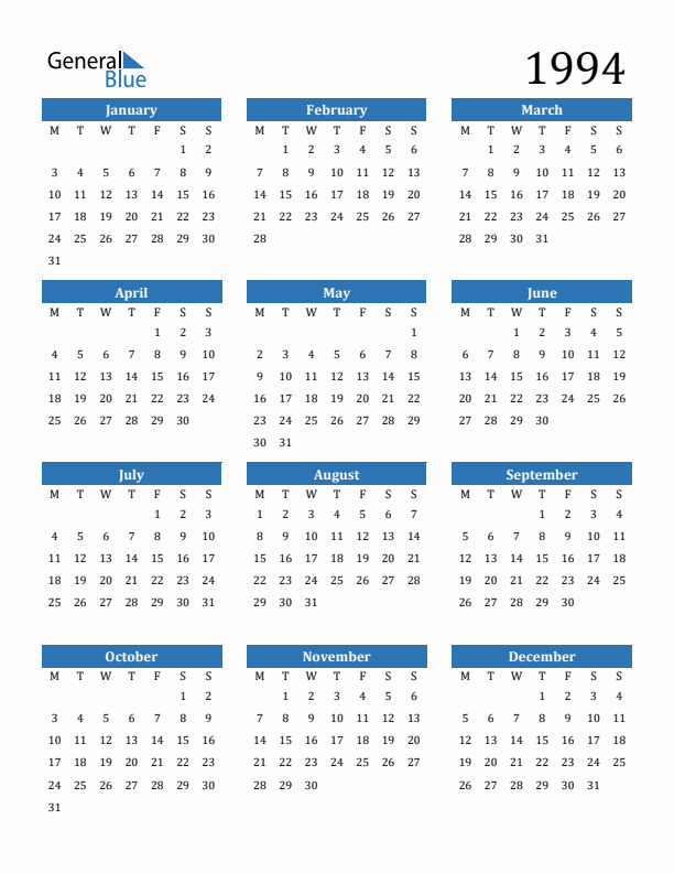 1994 Yearly Calendar Templates with Monday Start