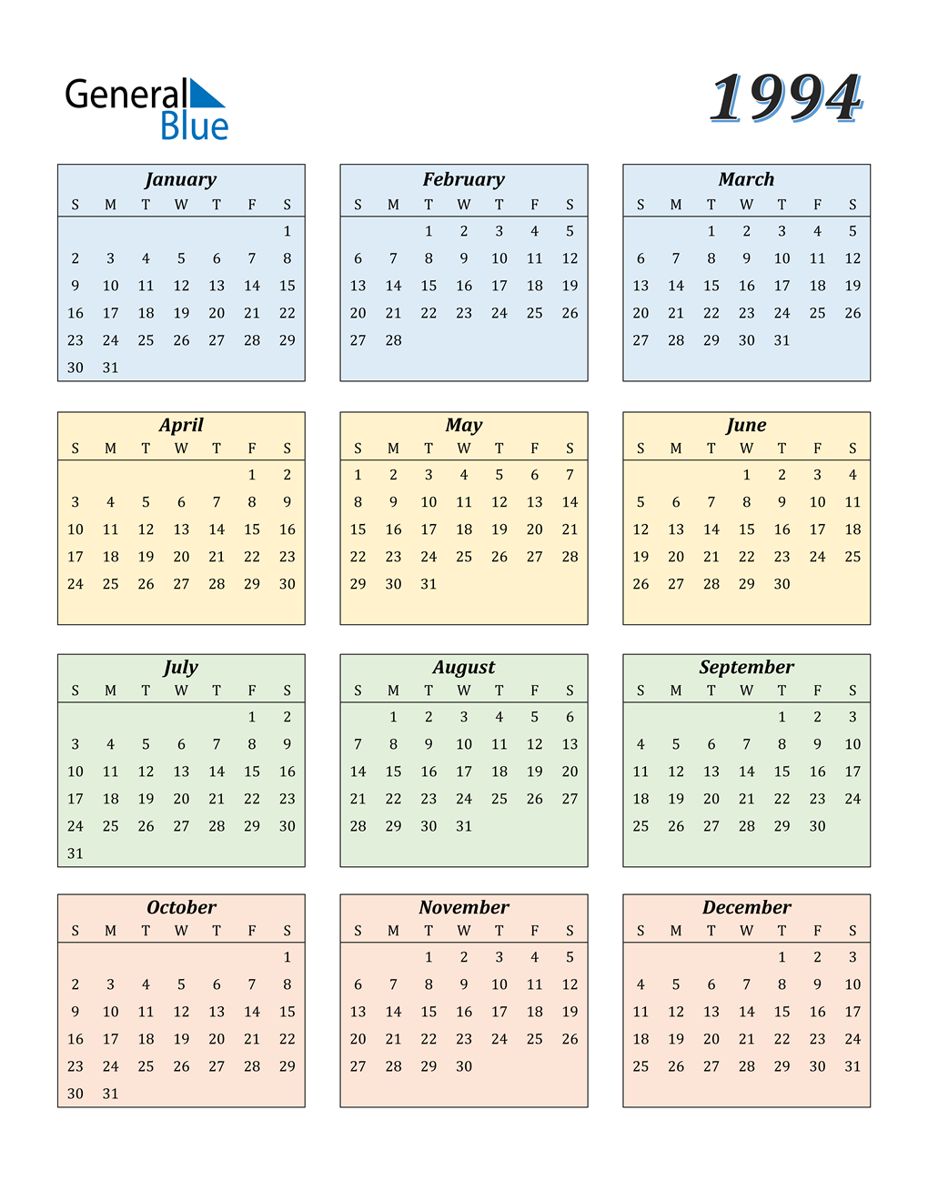 1994 Calendar (PDF Word Excel)