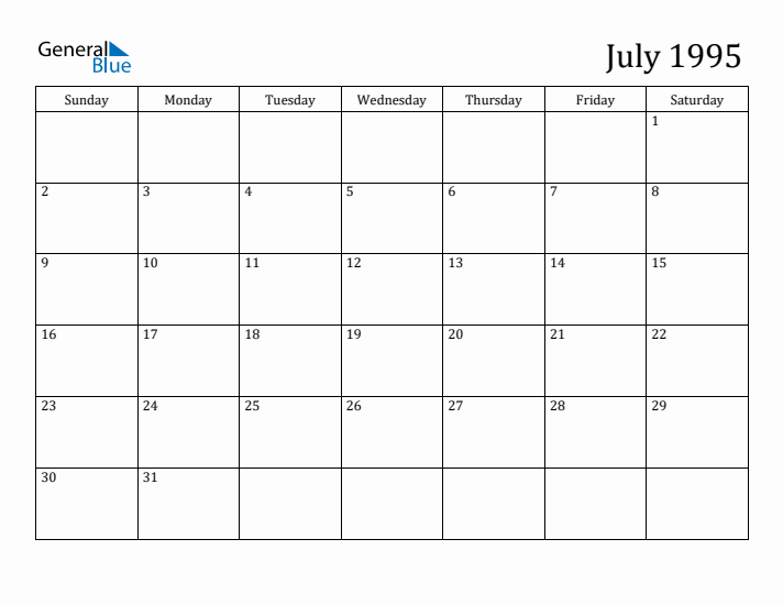 July 1995 Monthly Calendar (PDF Word Excel)