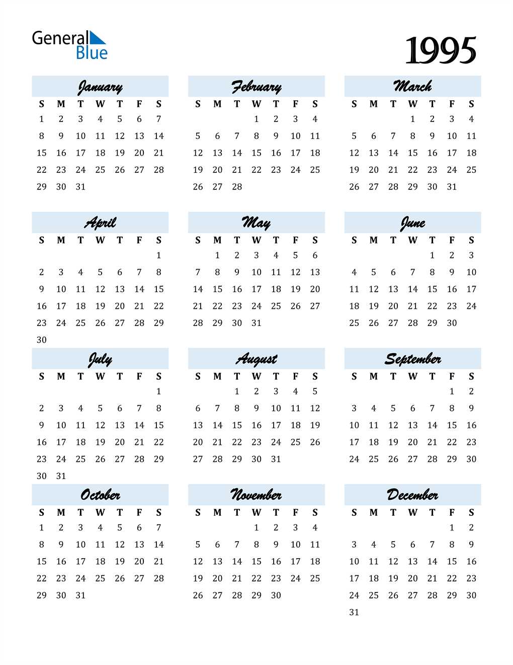 1995 Calendar (PDF, Word, Excel)