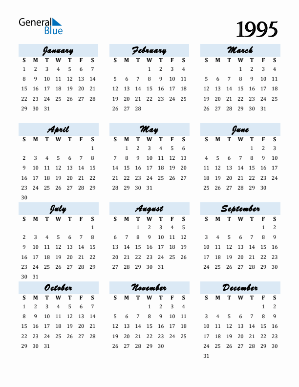 Free 1995 Calendars in PDF Word Excel