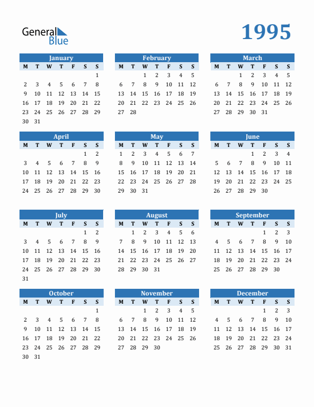 1995 Yearly Calendar Templates with Monday Start