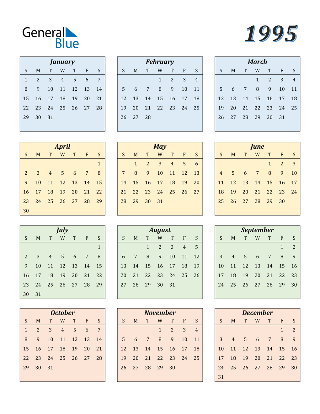 1995 Calendar (PDF, Word, Excel)