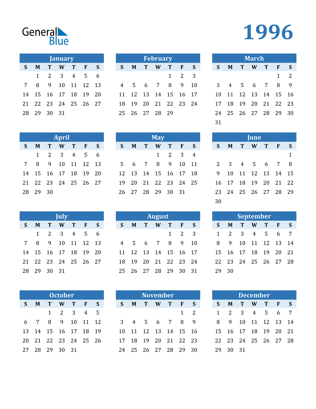 1996 Calendar (PDF, Word, Excel)
